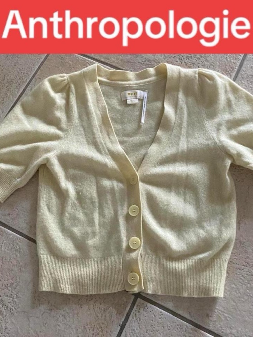 Maeve Soft Pale Yellow V-Neck Button Short-Sleeve 100%cashmere Cardigan